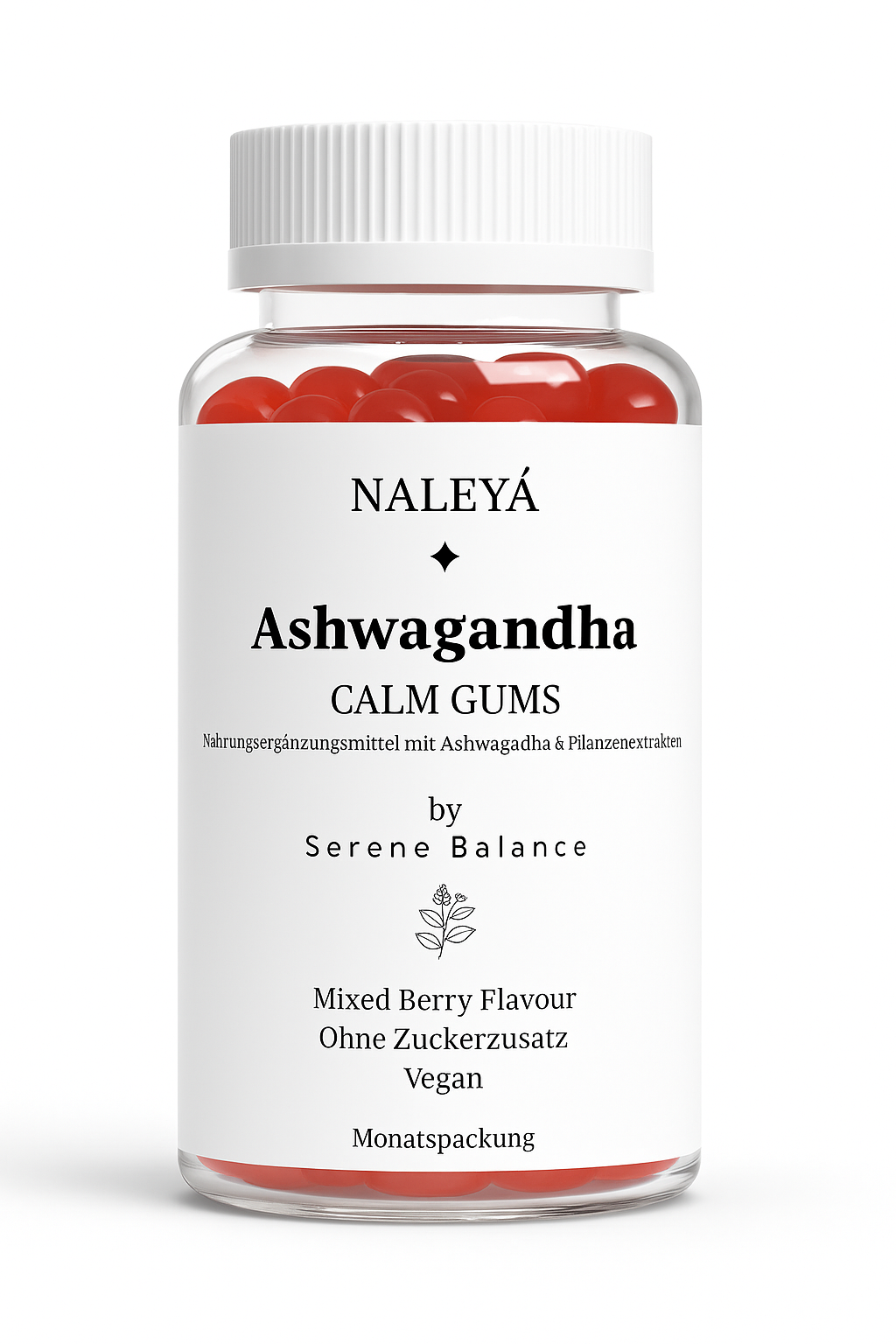Produktflasche Serene Balance neben einer Ashwagandha-Wurzel